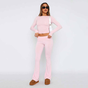 Nouveau pantalon décontracté taille basse à pattes d'éléphant, chemisier amincissant de couleur unie pour femme - Product Image 2