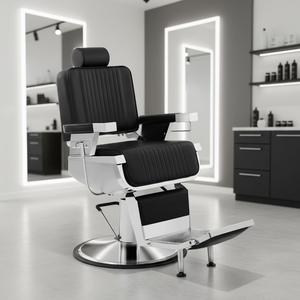 Fauteuil de Barbier LUXMARS 2026 de Haute Qualité Entièrement Noir en Cuir Synthétique avec Roues pour Barbiers de Grande Taille - Product Image 1