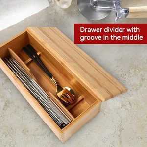 Bamboo Cutlery <b>Storage</b> <b>Box</b> With Lid Rectangular Compartments For Knives Forks Spoons Chopsticks <b>Kitchen</b> Drawer Organizer - Product Image 3