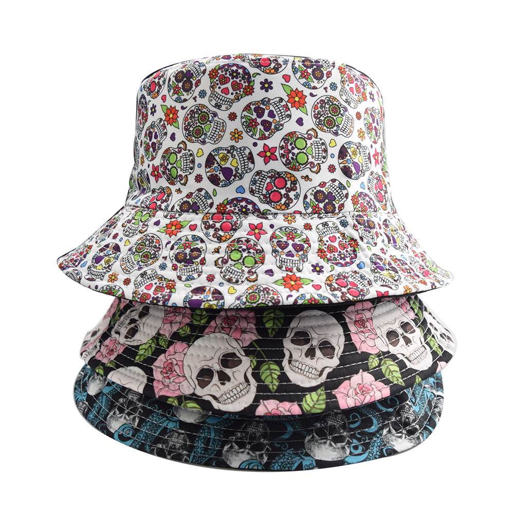 New Halloween skull ghost pattern print double-sided sun visor hat outdoor recreational fisherman cap bucket hat