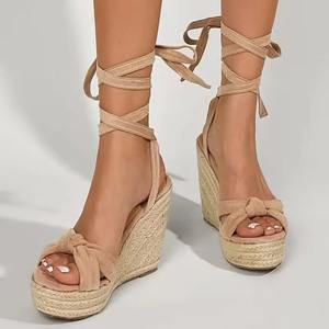 Design de fabricant personnalisé mode d'été <span class=keywords><strong>à</strong></span> lacets talon haut couleur abricot plate-forme noeud avant jambe Espadrille sandales <span class=keywords><strong>compensées</strong></span> - Product Image 5