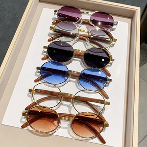 New Retro Faux Wood Grain Sunglasses UV400 Protection Men's Women's Trendy European American Fashion Oval Metal for Children - Product Image 2