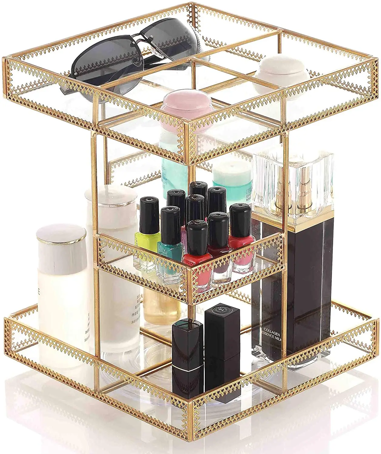 Gold Antique Glass Revolving Makeup Organizer Adjustable 360-Degree Rotating Cosmetic Display