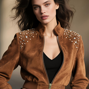 Abrigo Corto de Gamuza Marrón con Tachuelas para Mujer – Estilo Americano Vintage, Disponible en Tallas Grandes, Cierre de Cremallera, Perfecto para Uso Diario - Product Image 1