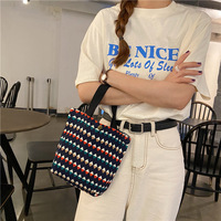 Tas Bento Box Kanvas Cetak Kerut Warna-warni Grosir, Lucu dan Segar, Dua Pegangan, Tas Tangan Model Bucket Berkualitas Tinggi