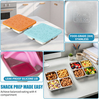 Boîte à lunch divisée en acier inoxydable de qualité alimentaire 304 avec couvercle en silicone étanche, plateau bento carré pour enfants à l'école