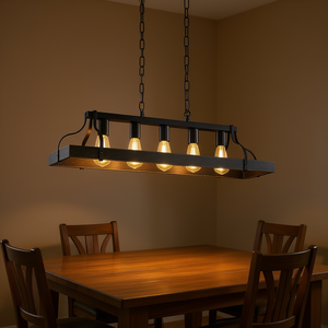 Black Gold Vintage Pendant <b>Light</b> 33.7 Inch 5 E26 Bulb Sockets Adjustable Chain Height Rectangle Chandelier for <b>Dining</b> Living - Product Image 2