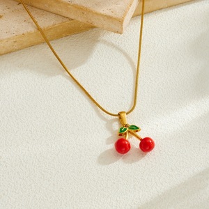 Cherry Pendant Gold Plated Stainless Steel Necklace And Earrings Set For Women Fashion Jewelry Gift - Product Image 2