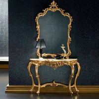 Table console en bois massif de style royal italien et français, sculpture en feuille d'or, marbre élégant, miroir d'entrée, table d'entrée
