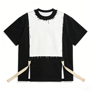 T-shirt en coton pour homme grande taille, épaules tombantes, manches courtes, épais, patchwork, bretelles à franges, coupe oversize, style streetwear, logo personnalisé - Product Image 1