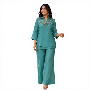 Precio de Fábrica OEM Conjunto Coordinado Premium Verde Mar para Mujer, Ropa Étnica Moderna, Túnica y Pantalones Bordados, Proveedor Mayorista a Granel - Product Image 1