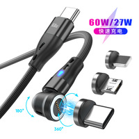 Kabel Data Magnetik Putar PD 60W 540 Derajat, Kabel Pengisian Daya & Transfer Data USB 3.0 Tiga-dalam-Satu untuk Gaming Mobile