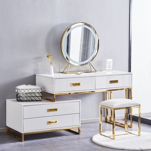 Modern Dressing <strong>Table</strong> Set with Round Mirror Luxury High <strong>Gloss</strong> <strong>White</strong> Wood Makeup Vanity <strong>Table</strong> - Product Image 4
