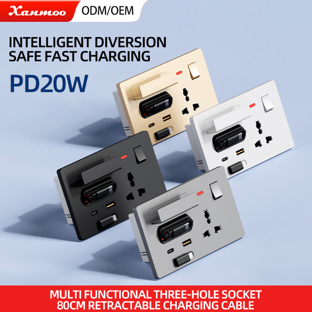 20W Fast Charging Universal Type C USB Socket Retractable PC Panel Wall Charger USBA USBC Port Charging Wall Switch Socket