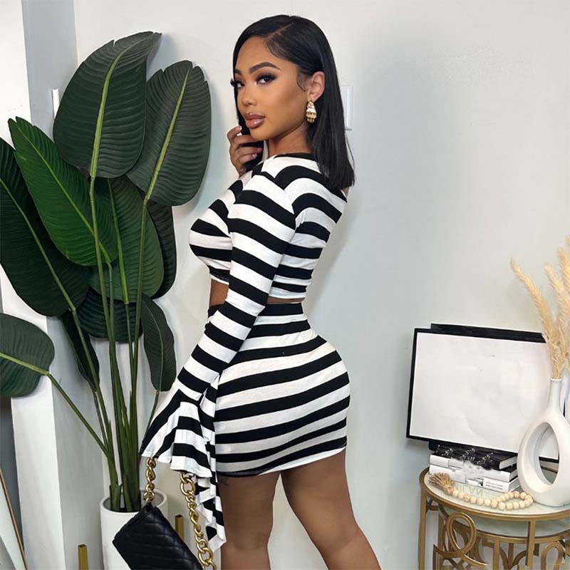 FS12291D Women Autumn Flare Sleeve Crop Tops Mini Skirt 2 Piece Striped Sets FS12291D Women Autumn Flare Sleeve Crop Tops Mini Skirt 2 Piece Striped Sets
