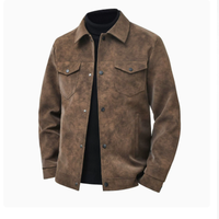 Jaket Kulit Pria Terlaris Grosir, Mantel Kasual, Jaket Kulit PU Retro Amerika dengan Kerah Terbalik