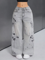 Jeans droits classiques délavés pour femme, style streetwear, coupe ample à ourlet brut vintage, vente en gros