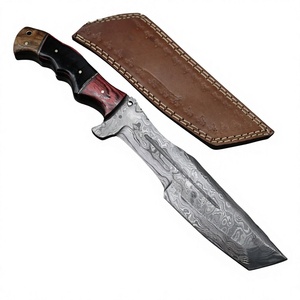 Couteau de survie droit en acier Damas avec manche en bois Pakka bleu - Couteau de camping et de survie DIY - Design à pointe tombante - Prix abordables - Product Image 1