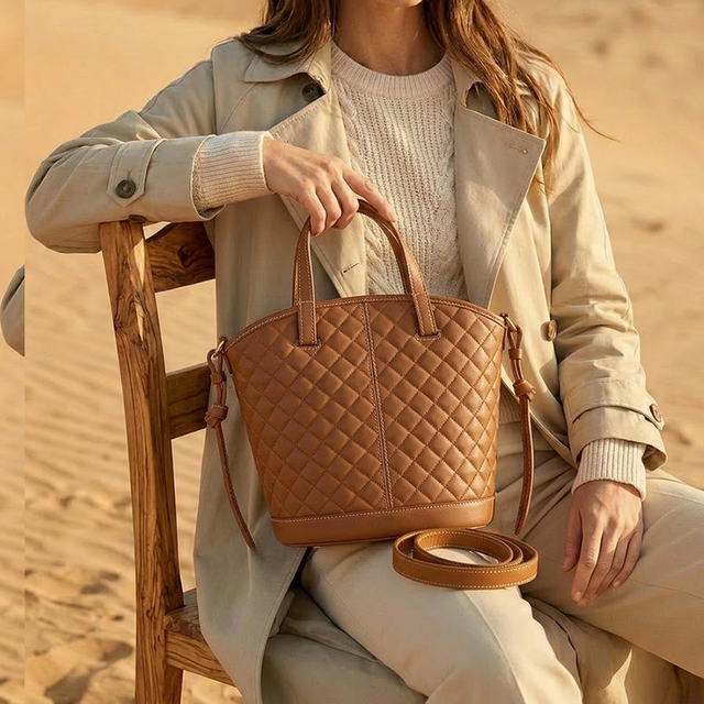 Genuine Leather Quilted Bucket Bag Women Diamond Stitch Handbag Top Handle Shoulder Purse Boutique Retail Wholesale Fashion
