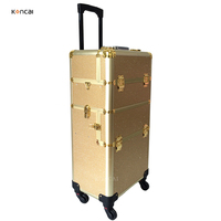 Valise de maquillage multifonctionnelle en aluminium durable avec couvercle et roulettes pour cosmétiques