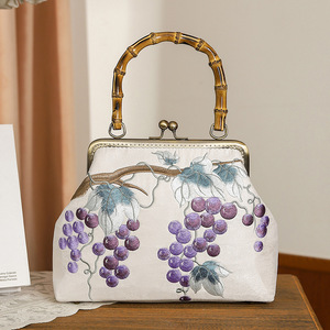 Ancient Style Hanfu Chinese Style <strong>Small</strong> Square Bag <strong>White</strong> Grape Embroidered Banquet Clutch Bamboo Handle Clip Stylish <strong>Handbag</strong> for - Product Image 2