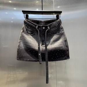 Viviblook Z0123SK Nouvelle jupe courte trapèze taille haute pour femme, grande taille, style rétro, en jean dégradé avec strass - Product Image 1