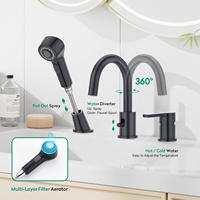 Robinet de lavabo de salle de bain multifonctionnel noir mat CUPC DOE de haute qualité, certifié NSF61, à 3 trous, avec douchette extractible pour baignoire à cascade
