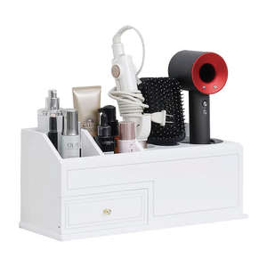 Sèche-cheveux blanc et support de coiffure montage mural salle de bain comptoir maquillage bois organisateur pour accessoires - Product Image 4