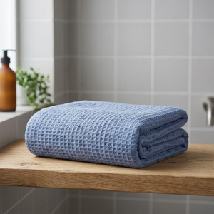 Toalla de Baño Desechable de Algodón con Tejido Waffle Azul, Plegable, con Estante de Madera, Color Sólido, Forma Rectangular, Secado Rápido, Ecológica - Product Image 1