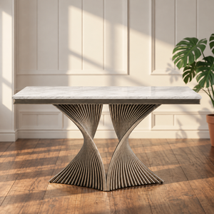 Console moderne avec plateau en marbre et base sculpturale en laiton pour une entrée élégante et des salons contemporains - Product Image 1