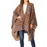 Poncho, cape, châle, pull, manteau, cardigan, pashmina long en acrylique réversible à motif floral et pied-de-poule pour femme, idéal pour l'hiver