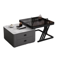 Table basse moderne de style nordique 2026, luxe léger, avec rangement rétractable, structure métallique et plateau en verre trempé, mobilier de salon