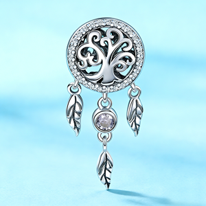 Colgante de hoja estilo bohemio chapado en plata con dije atrapasueños de circonita para mujer, regalo - Product Image 3
