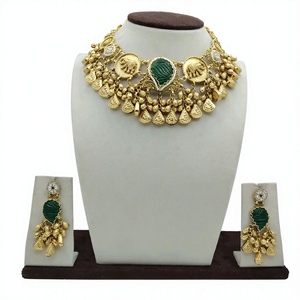 Traditional Gold Heavy Choker Necklace <b>Set</b> with Green Stone Center Coin <b>Beads</b> and Matching Earrings Bridal Jewelry - Product Image 3