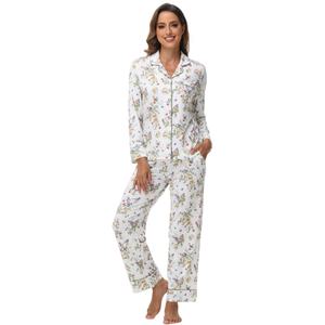 Pyjama personnalisé à manches longues en micro-coton modal à imprimé floral avec passepoil, pyjama en bambou, ensemble de vêtements de détente pour femmes, vêtements de nuit en modal - Product Image 1