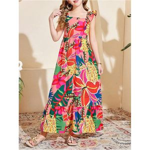 Girl's Summer Maxi <b>Dress</b> Tropical Floral Print <b>Elastic</b> Waist A-Line Vacation Beach Outfit Breathable Woven Fabric - Product Image 5