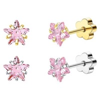 Anting-anting stud bunga hati bintang lucu berlapis emas perak antialergi baja tahan karat zircon pink