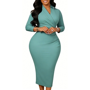 Robe midi moulante à col et devant croisé pour femme - Manches 3/4, froncée, style formel, mode africaine - Product Image 2