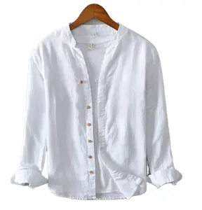 TONGYANG-camisas de lino para hombre, camisas de manga larga de lino, color blanco, sólido, alta calidad, transpirable, novedad, Otoño, 100%