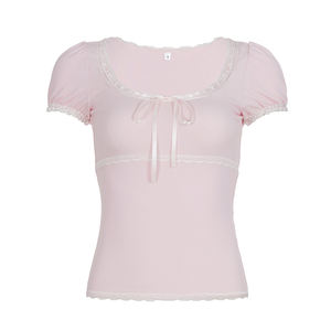 Camiseta de Manga Corta Casual para Mujer, Estilo Y2K, Dulce y Linda, con Adornos de Encaje y Lazo, Venta al por Mayor - Product Image 6