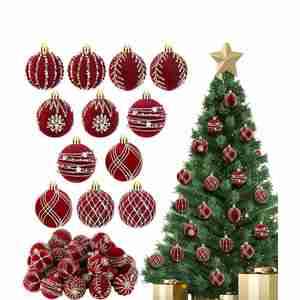 Adornos Navideños Colgantes de Terciopelo Borgoña, Bolas e Iluminaciones Resistentes a los Golpes, Decoración de Plástico de Alta Calidad - Product Image 1