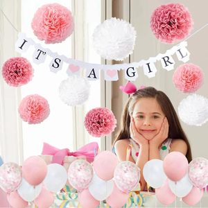 Decorazioni per Baby Shower per Bambine, Baby Shower Rosa e Bianco, Striscione 'È una Bambina', Coriandoli, Palloncini, Pompon di Carta per Baby Shower - Product Image 3