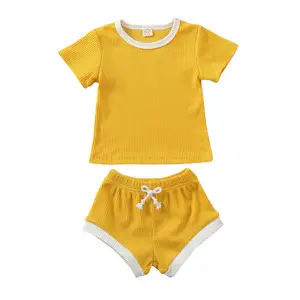 Baumwolle Kleidung Sets Kleinkind Kinder Baby Jungen Mädchen Solid Baby Sommer gerippt gestrickt Kurzarm T-Shirts Shorts Bottoms Outfits