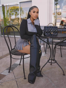 可爱2件套女式马球条纹拼接长袖衬衫上衣和褶裥迷你裙休闲装街装 - Product Image 3