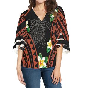 Hawaii fleurs et <span class=keywords><strong>tortue</strong></span> Design polynésien Tribal <span class=keywords><strong>tatouage</strong></span> imprimé Blouses mignon surdimensionné col en v femmes Blouses t-shirts pour femmes - Product Image 2