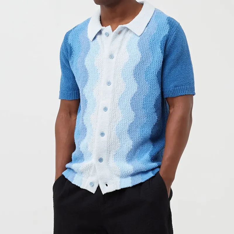 2023 OEM волнистая жаккардовая синель Вязаная весенняя рубашка-поло с коротким рукавом на заказ 100% хлопок пуловер кардиган мужской свитер
