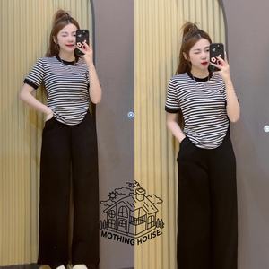 ชุดเซ็ตสองชิ้นสไตล์ฮ่องกงสำหรับฤดูร้อน เสื้อยืดและกางเกงขายาวลำลองสำหรับผู้หญิง ชุดเสื้อและกางเกงผู้หญิงแบบคลาสสิก - Product Image 4