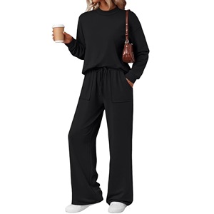 Ensemble décontracté en maille noire 2 pièces pour femme, col rond, manches longues, coupe ample, couleur unie, toutes saisons - Product Image 6