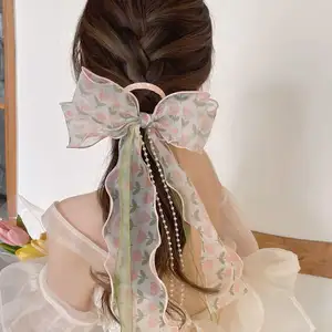 Horquilla de pelo de tulipán con flores y perlas, pasadores de pelo de cinta elegantes de verano con borlas, pasador Simple y moderno con lazo