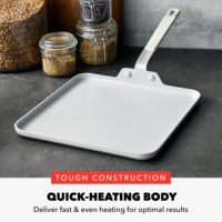 Poêle carrée blanche avec revêtement céramique antiadhésif, spatule souple, sans PFAS, ustensiles de cuisine sains pour pizza et œufs